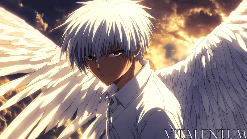 Brooding winged boy stands in glowing, stormy twilight sky