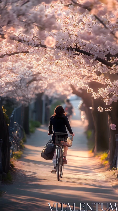 Solitary Cyclist Beneath the Sakura Canopy.
