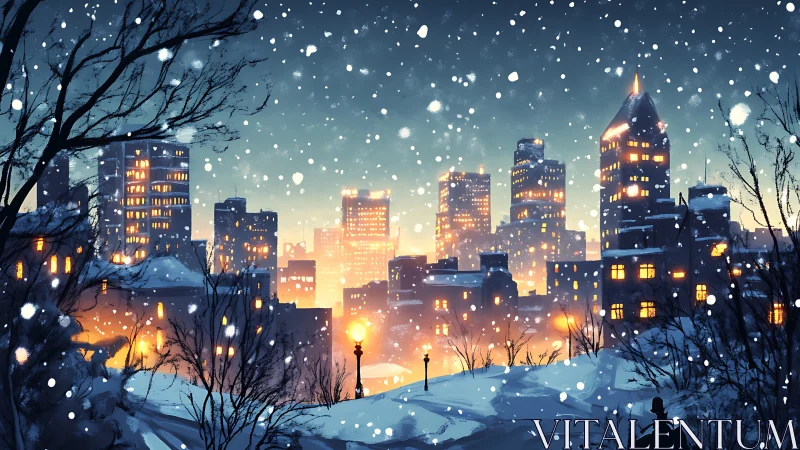 Snowy city skyline glows warmly against a deep winter dusk