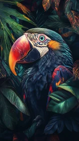Multicolored parrot among dense tropical foliage at night.