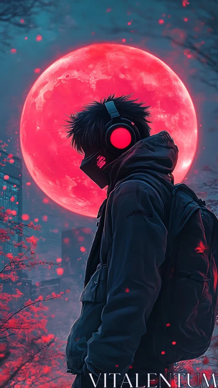 Hooded urban wanderer under oversized neon-red lunar backlight