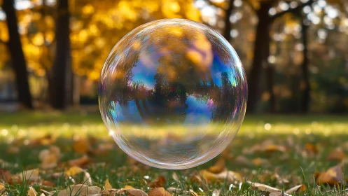 Iridescent soap bubble hovering over autumn park lawn.