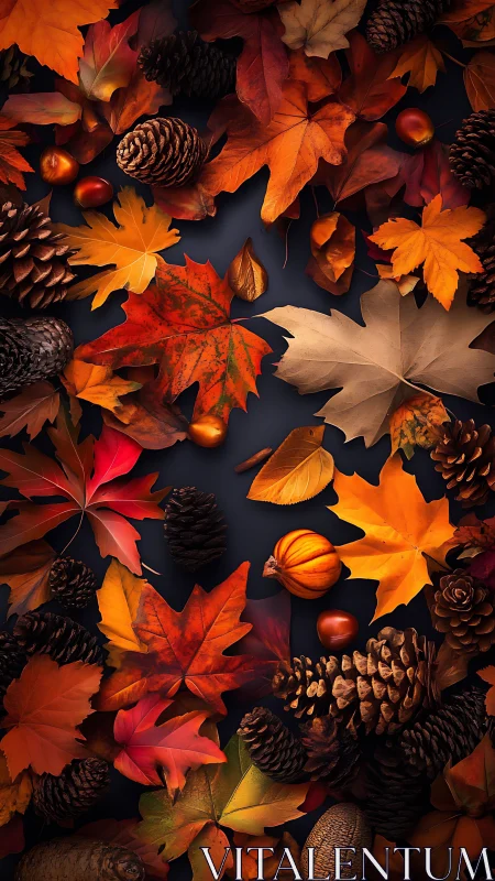 Overhead view shows autumn leaves, pinecones, nuts and gourds