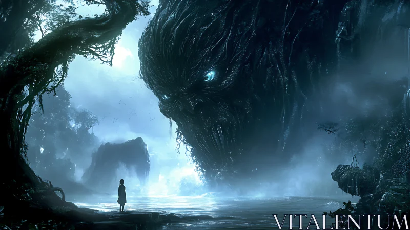 Colossal forest spirit confronts lone wanderer in misty dawn