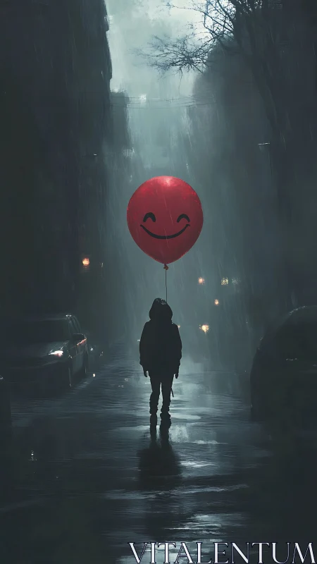 Solitary figure beneath a red smiley balloon in rain-soaked alley