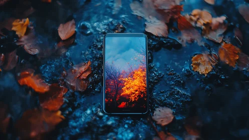 Smartphone mirror effect in saturated autumn wetscape.