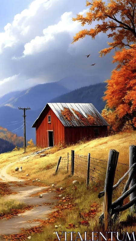 Autumn hillside barn glows beneath storm-brushed mountain skies.