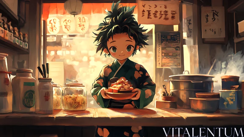 Young vendor serves warm street food in glowing stall