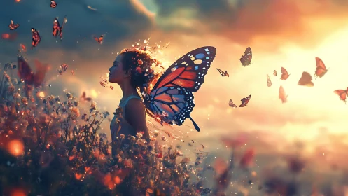 Butterfly winged girl in glowing sunset meadow dreamscape.