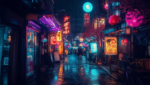 Neon rainwalk through a cozy late night city alleyway.