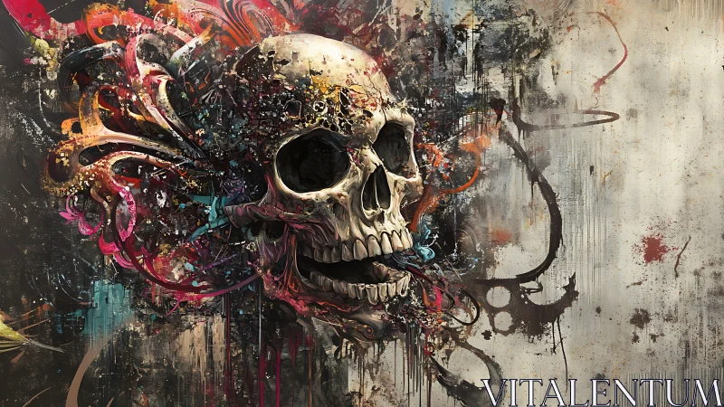 Human skull with abstract paint bursts and textured backdrop.