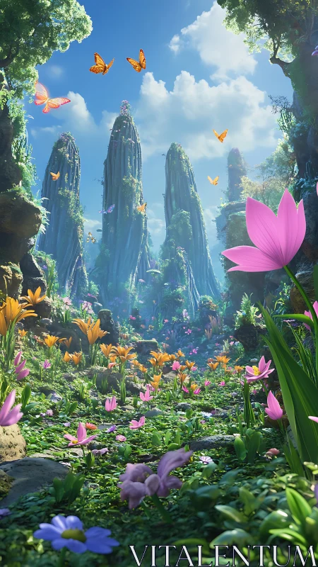 Lush fantasy valley with wildflowers, butterflies, and spires.
