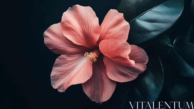 Hibiscus flower with pink petals against dark background.