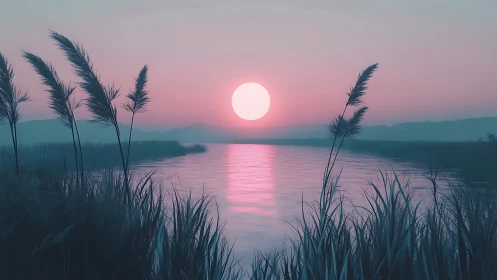 Cotton-candy sunset over whispering lakeside reeds.