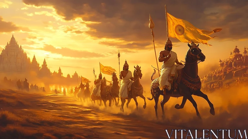Golden warriors ride toward an ancient sunlit temple city