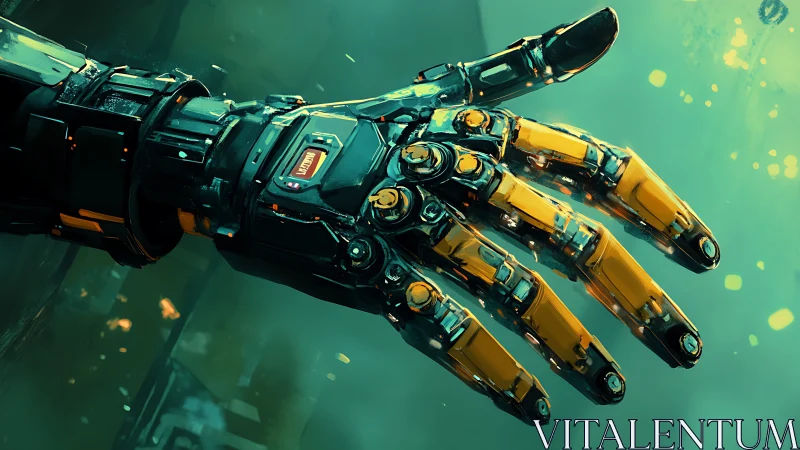 Chromed cybernetic hand drifting through neon dust glow.