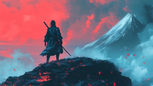 Lone samurai gazes at ember-lit mountain of storming dawn.