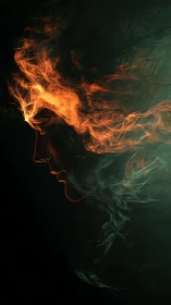 Flaming profile silhouette emerges from swirling dark smoke