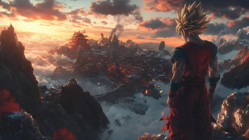 Spiky haired warrior overlooks vast mountain city at sunrise
