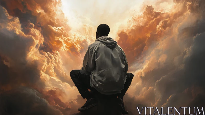 Contemplative figure in luminous storm clouds, digital painting.