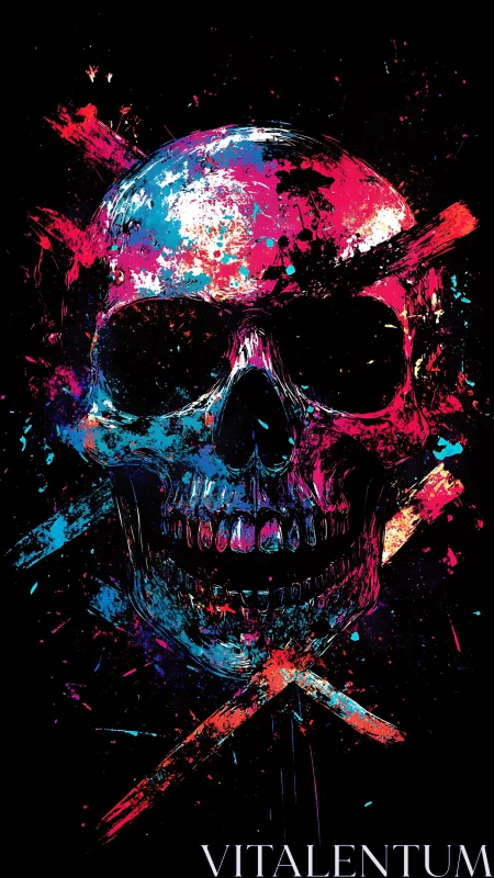 Chromatic human skull with neon splatter and crossed shards