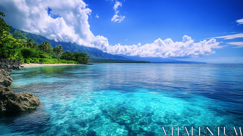 Tropical coastline with turquoise lagoon and distant mountains.