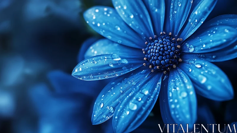 Blue Daisy With Dew Drops: Macro Botanical Precision Study.