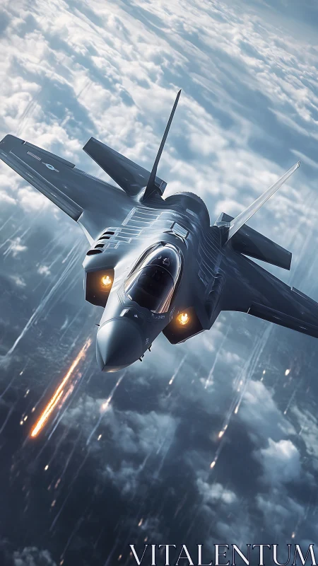 Stealth fighter jet in descending flight over cloud layer.