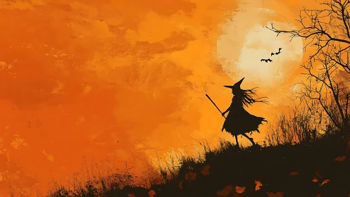 Silhouette of witch figure on hill before large orange moon.