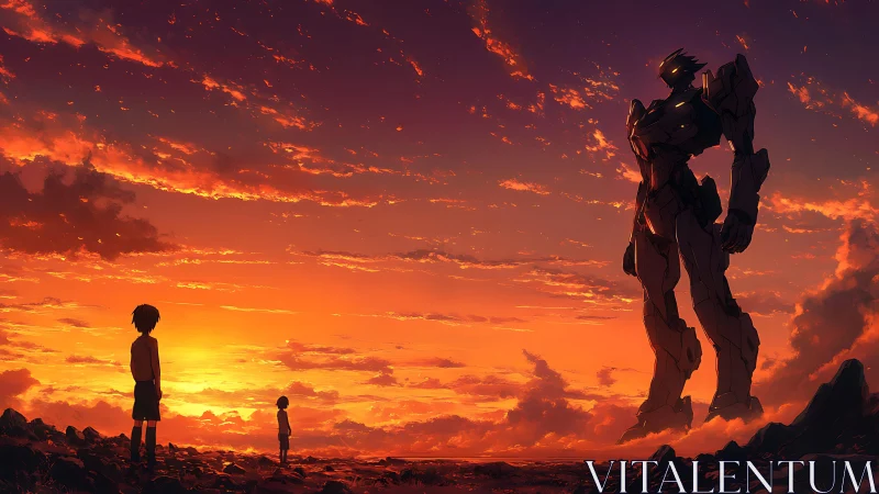 Children confront towering mech under blazing sunset sky