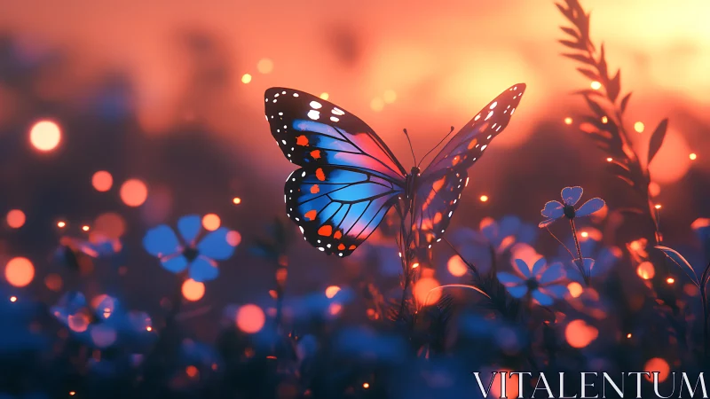 Radiant butterfly drifts through glowing meadow at sunset