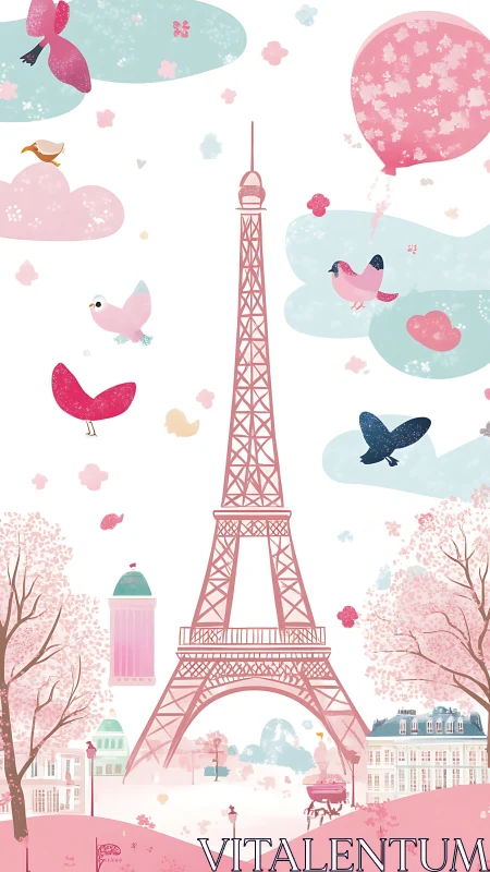 Eiffel Tower illustration with pastel birds, clouds, and trees