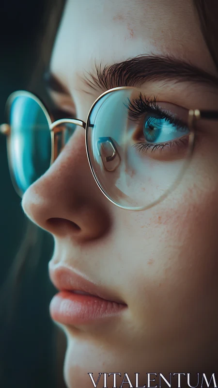 Close profile portrait captures reflective gaze in glasses.