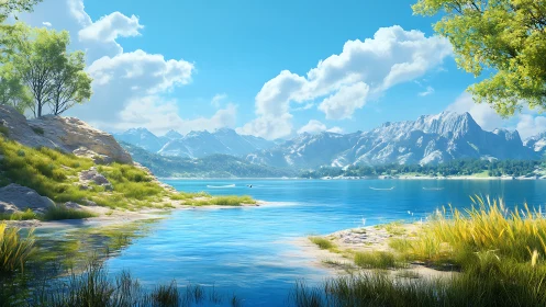 Digital landscape shows clear lake with distant mountain range