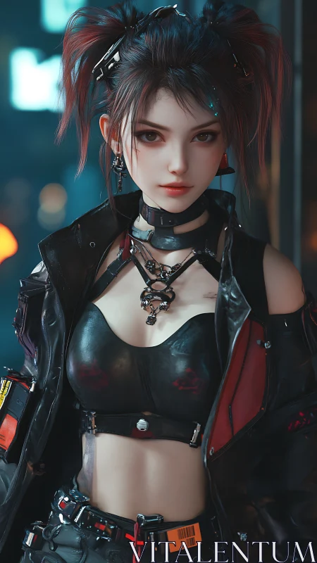 Cyberpunk street girl in black leather outfit at night.