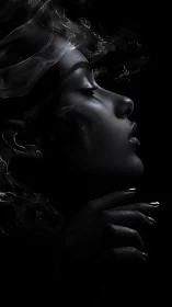 Side profile portrait with rising smoke in dark space.