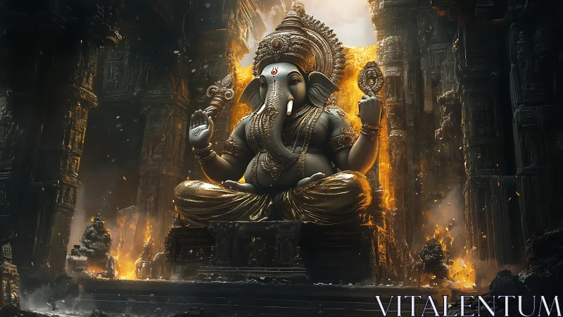 Majestic Ganesha statue glows within a fiery ancient temple