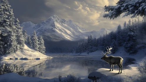 Winter alpine stag in luminous high-contrast landscape digital painting.