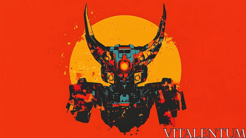 Horned mecha samurai glares against a blazing digital sun