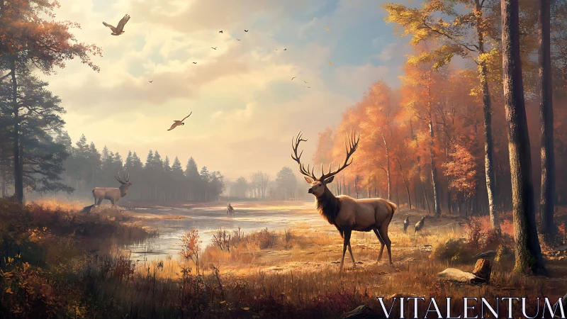 Majestic stag standing in quiet autumn forest clearing.
