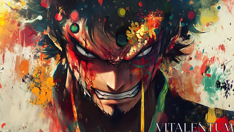Ferocious anime portrait with explosive abstract paint splashes