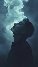 Side profile silhouette with vertical vapor plume in darkness