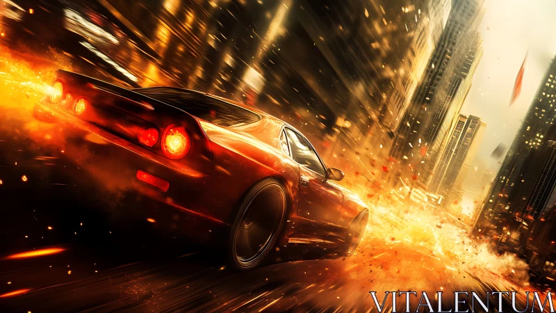 Kinetically ignited sports coupe in urban motion blur vortex.