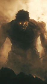 Smoldering titan emerges from swirling golden storm clouds.