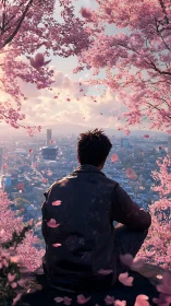 Backlit observer studies urban skyline through dense cherry blossoms