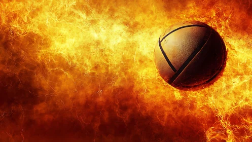 Textured leather basketball engulfed in dynamic plasma flames