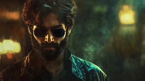 Brooding man in rain-soaked neon bokeh with hard rim lighting.