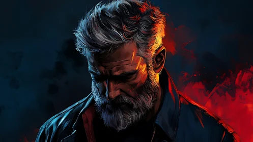 Weathered man in glowing twilight of quiet reflection.