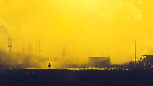 Solitary human figure before diffuse yellow industrial skyline.