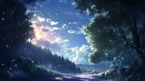 Twilight forest corridor under volumetric clouds and pollen glow.